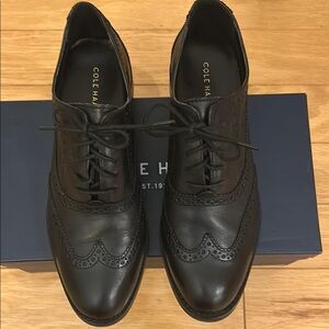 Cole Haan Black Leather Oxfords with Brogue Detailing